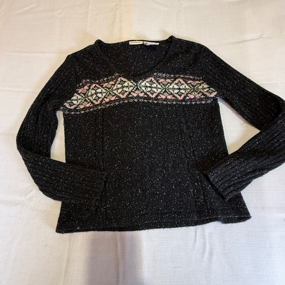St Johns Bay Black Marled Fair Isle V-Neck Sweater Large Wool Blend Speckled